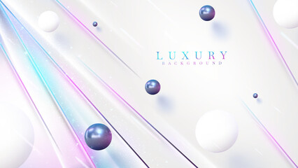 White luxury background with diagonal rainbow lines with ball decoration and sparkling light effect element.