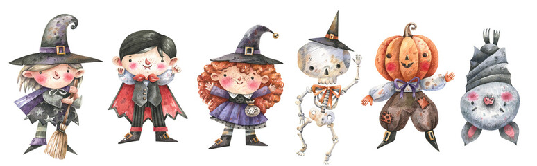 Spooky halloween characters in cartoon style. Witches, vampire, skeleton, pumpkin, bat hand-drawn in watercolor. Watercolor illustration.