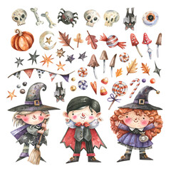 Collection of halloween characters and elements in cartoon style. Vampire, witches, bones, autumn leaves, pumpkins, skulls and bones watercolor illustrations on a white background.
