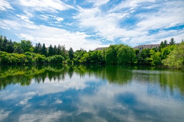 Splendid natural scenery of a reflection of a forest line and a cloudy blue sky on a mirror lake