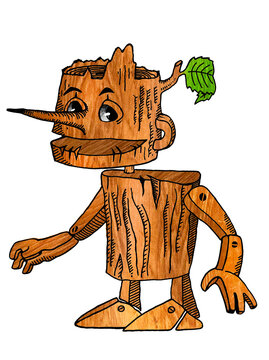 Illustration for children's book Pinocchio, wooden man, coloring book.