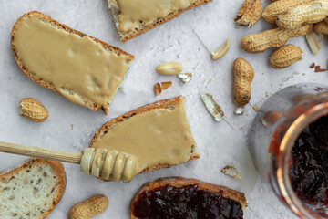 Peanut Butter Homemade Sandwich on Marble Table Flat Lay