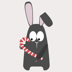 Naklejka na ściany i meble Black water rabbit with striped Christmas candy. candy cane, peppermint stick, cinnamon stick. Vector illustration of the symbol of 2023. Chinese calendar