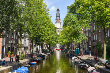 Amsterdam, Netherlands, May 2022. View at the Zuiderkerk from the Kloveniersburgwal in Amsterdam.