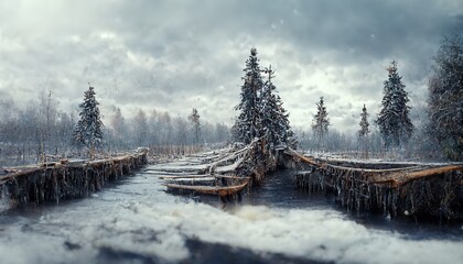 Old canoes moored to icy piers on lake near fir forest - obrazy, fototapety, plakaty