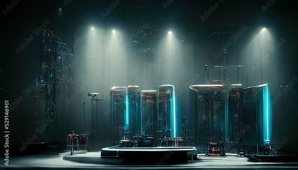 Poster futuristic digital data processing equipment in control room