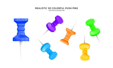 Realistic 3d colorful push pins vector illustration