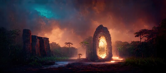 Fototapeta Evacuation portal in stone arch in burning jungles at night obraz