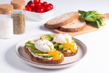 Two avocado open sandwiches with egg. Keto and diet concept. Healthy toast food for breakfast.