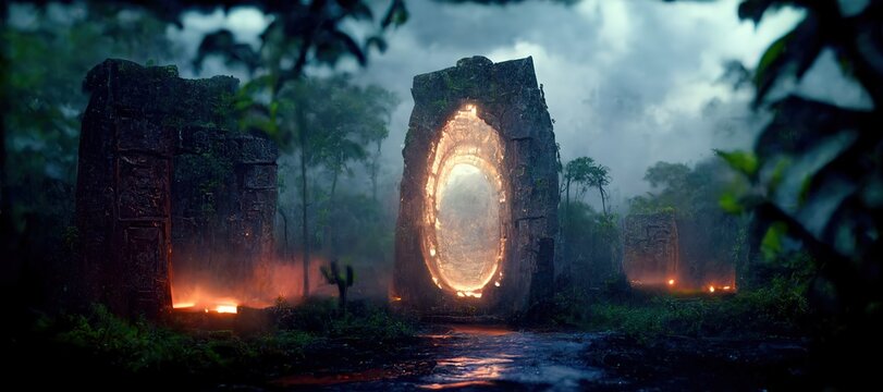 Glowing stone portal and temple ruins in dusk rainforest