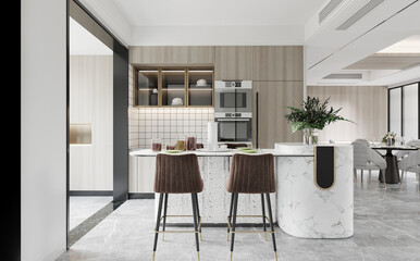 Modern Dining and kitchen interior with dining table and chairs.3D illustration