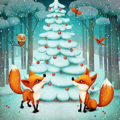 Winter background for greeting  or  invitation to the celebration of Christmas and New Year. postcard or poster with animals in the forest