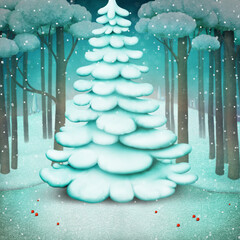 Winter background for greeting  or  invitation to the celebration of Christmas and New Year. postcard or poster with New Year's tree forest 