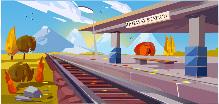 Mountain nature baground illustration with railway platform morning sunlight sky view and flying birds