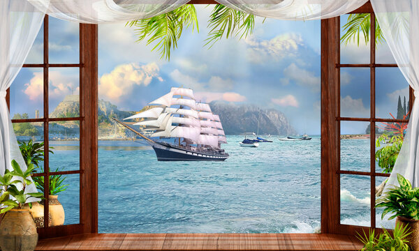 View from the window of a sailboat in the bay. Photo wallpapers. The fresco.