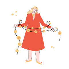 A girl with a Christmas garland in a red evening dress. Hand-drawn vector image in flat style. Festive mood. New Year holidays and Christmas tree decoration. Christmas party. Bengal lights.
