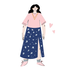 Four young women or girl dressed in trendy clothes. Flat colored vector illustration. Young woman in a t-shirt and skirt. Summer look.