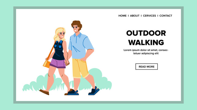 outdoor walking vector. walk woman, happy lifestyle, person nature, exercise street, young man, adult healthy outdoor walking character. people flat cartoon illustration