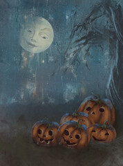 Vintage Halloween illustration with pumpkins and Moon - 529148780