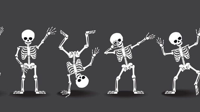 Funny cartoon skeletons making DAB move and dancing hip hop style. Vector illustration. Horizontal seamless banner.