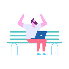 Tiny man with                                                                         laptop  silhouette sitting on bench flat vector set