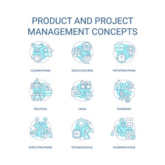 Product and project management turquoise concept icons set. From producing to promotion idea thin line color illustrations. Isolated symbols. Editable stroke. Roboto-Medium, Myriad Pro-Bold fonts used