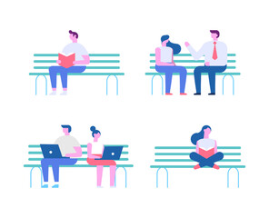 Tiny people silhouette sitting on bench flat vector set