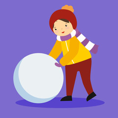 boy sculpts a snowman on a purple background