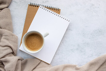 Cup of cappuccino coffee, spiral notebook and kraft paper sketchbook on office table background. Top view, flat lay, copy space. Stationery supply for art, education and work. Blank page, mock up.	