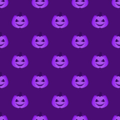 Halloween pumpkins seamless pattern. Halloween pumpkin lanterns on purple background. Halloween background. Jack-o'-lantern. Design for print wrapping paper, fabric, wallpaper. Vector illustration