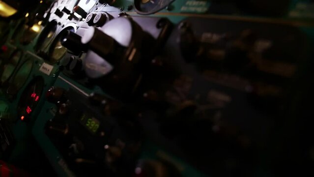 The control panel of the aircraft. Latitude altitude indicators.training on flight simulator. Soviet aircraft instrument panel.