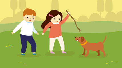 Boy and girl playing with a stick with a dog