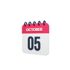October Realistic Calendar Icon 3D Rendered October 05