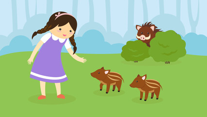 Girl met little wild boars, illustration