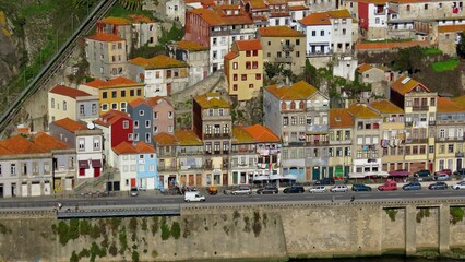Aerial view of Porto Ribeira's colorful buildings and waterside street