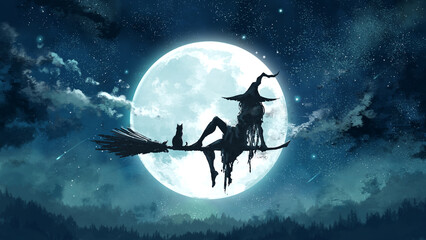 A young beautiful witch sits on a broomstick with a cat and looks at the giant moon and the night sky. 2d illustration