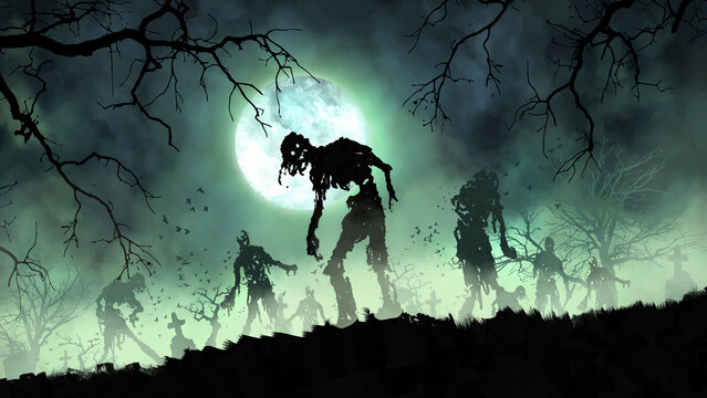 The walking dead are coming against the background of the night sky and the moon in the cemetery. 2d illustration