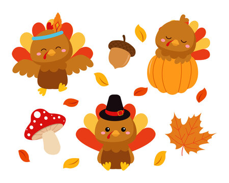 Cute turkey character for thanksgiving day set. Flat vector cartoon design