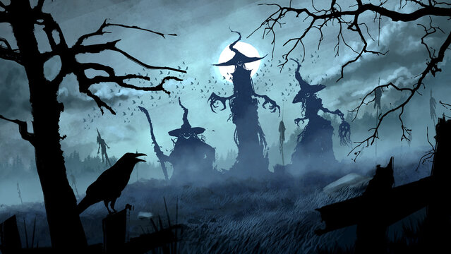 Three scary witches stand in a field and smile ominously against the backdrop of the night sky and moon. 2d illustration