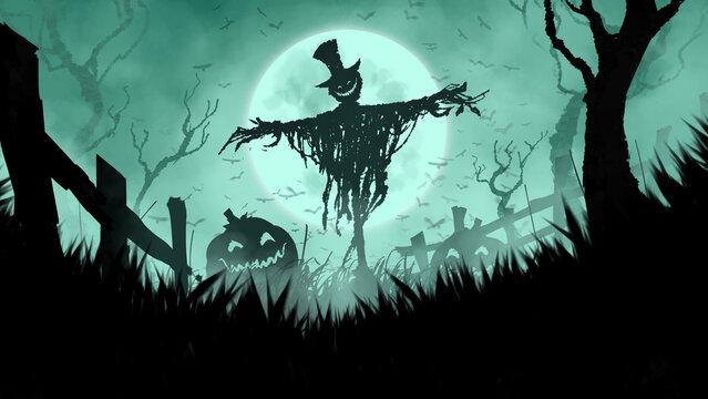 A terrible scarecrow stands in a field surrounded by fog against the background of the moon, pumpkins lie on the ground. 2d illustration
