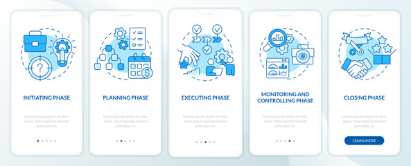 Phases of project management blue onboarding mobile app screen. Walkthrough 5 steps editable graphic instructions with linear concepts. UI, UX, GUI template. Myriad Pro-Bold, Regular fonts used