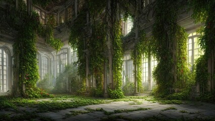 Fototapeta Abandoned palace castle overgrown with vegetation, ivy and vines. Empty atrium halls, no one around. Building is captured by nature and vegetation. 3d illustration obraz