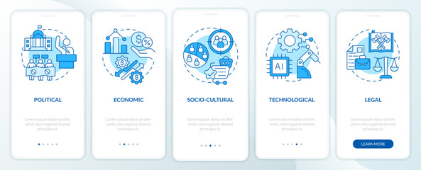 PESTLE blue onboarding mobile app screen. Business analysis walkthrough 5 steps editable graphic instructions with linear concepts. UI, UX, GUI template. Myriad Pro-Bold, Regular fonts used