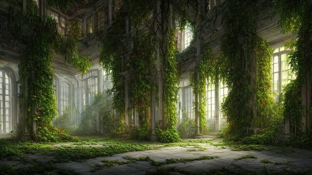 Abandoned palace castle overgrown with vegetation, ivy and vines. Empty atrium halls, no one around. Building is captured by nature and vegetation. 3d illustration