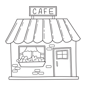 recommend clip art: Simple cute cafe with window and flowerbed in sketch doodle style.