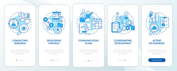 Product management blue onboarding mobile app screen. Business walkthrough 5 steps editable graphic instructions with linear concepts. UI, UX, GUI template. Myriad Pro-Bold, Regular fonts used - obrazy, fototapety, plakaty