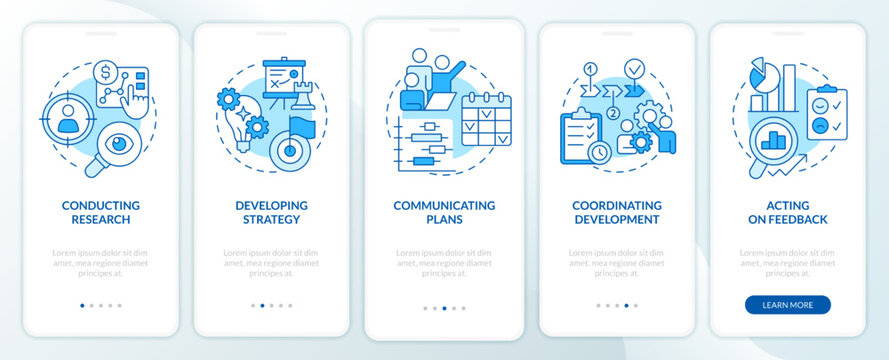 Product management blue onboarding mobile app screen. Business walkthrough 5 steps editable graphic instructions with linear concepts. UI, UX, GUI template. Myriad Pro-Bold, Regular fonts used