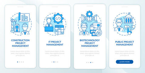 Project management types blue onboarding mobile app screen. Industries walkthrough 4 steps editable graphic instructions with linear concepts. UI, UX, GUI template. Myriad Pro-Bold, Regular fonts used