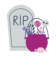 Halloween cauldron full of candy at grave. Tombstone and Halloween candy pot. Pot with lollipops. Sweet autumn treats for kids. Flat vector illustration isolated on white background.