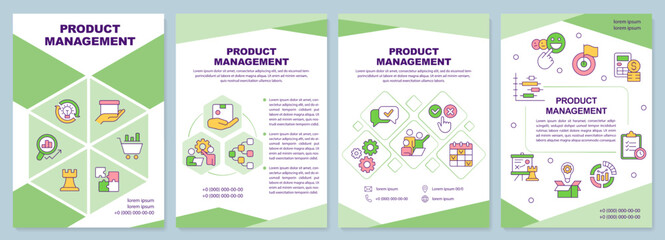 Fototapeta na wymiar Product management green brochure template. Lifecycle control. Leaflet design with linear icons. Editable 4 vector layouts for presentation, annual reports. Arial-Black, Myriad Pro-Regular fonts used